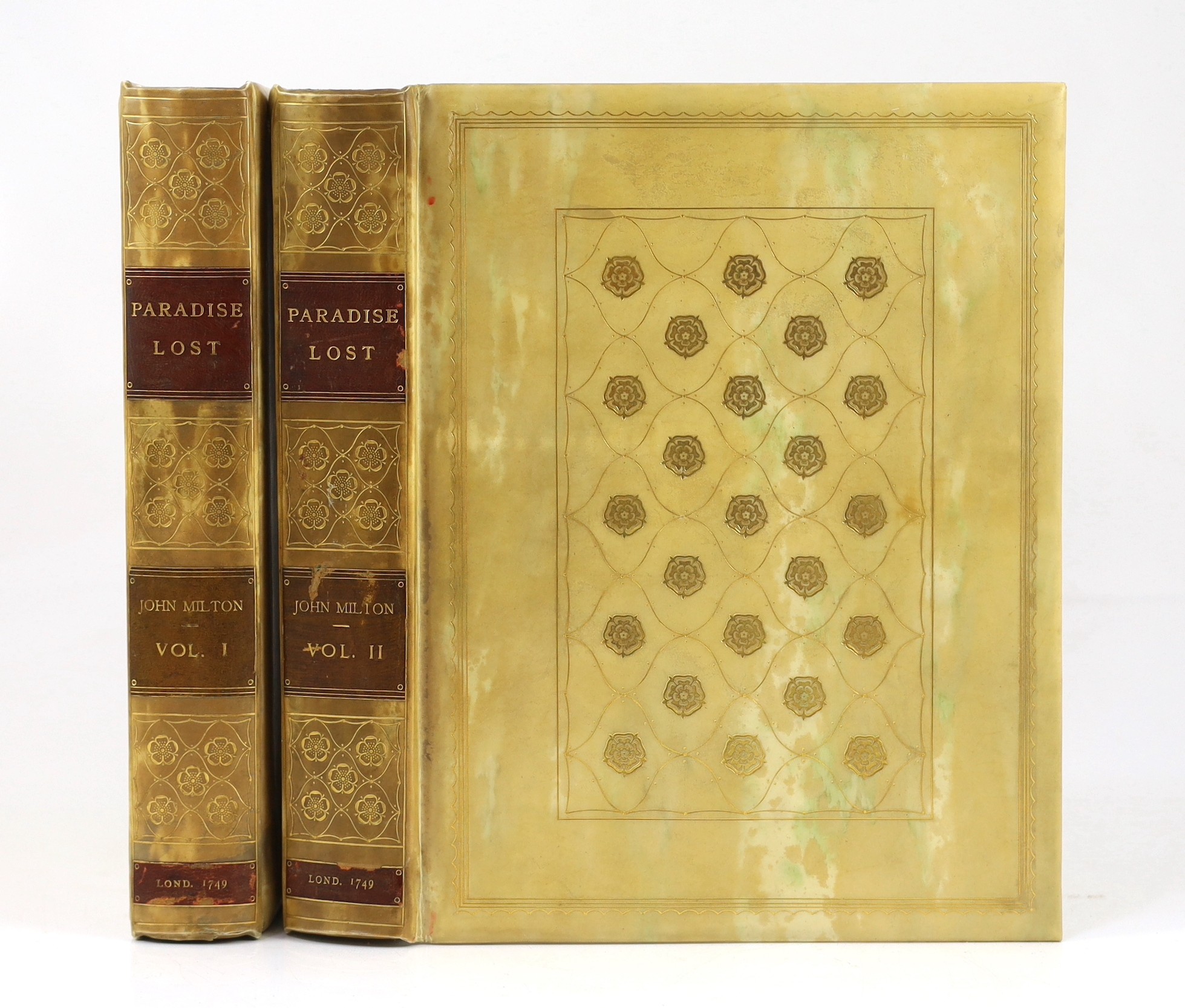 Milton, John - Paradise Lost, a Poem in Twelve Books, edited by Thomas Newton, 2 vols, 4to, later gilt rosette decorated vellum, with 2 engraved frontispiece portraits and 12 plates by Francis Hayman, J. & R. Tonson and